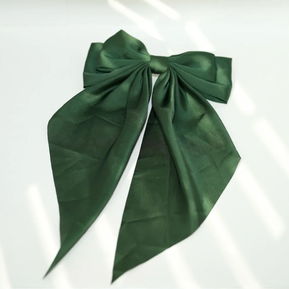 Elegant Dark Green Satin Bow Barrette Hair Accessory